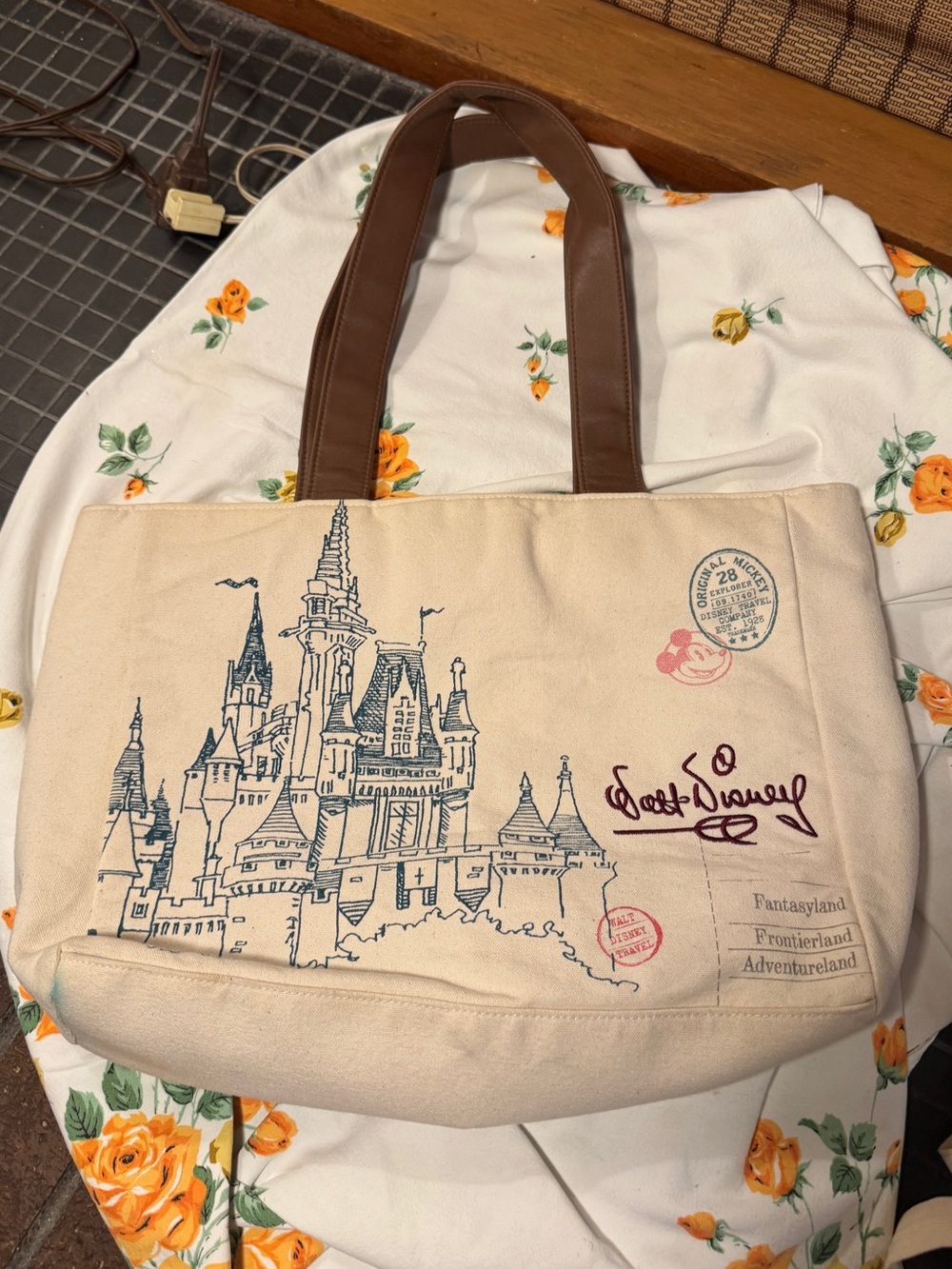 Disney Cream Canvas Tote Bag with Brown Handles